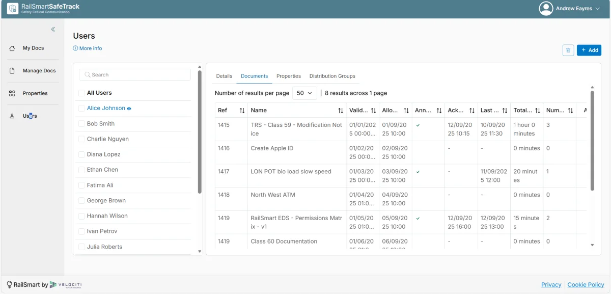 RailSmart SafeTrack rail documents allocated to users